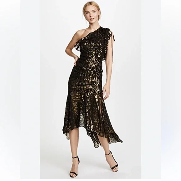 Veronica Beard | Dresses | 695 Veronica Beard Leighton One Shoulder Dress  Black Metallic Gold | Poshmark